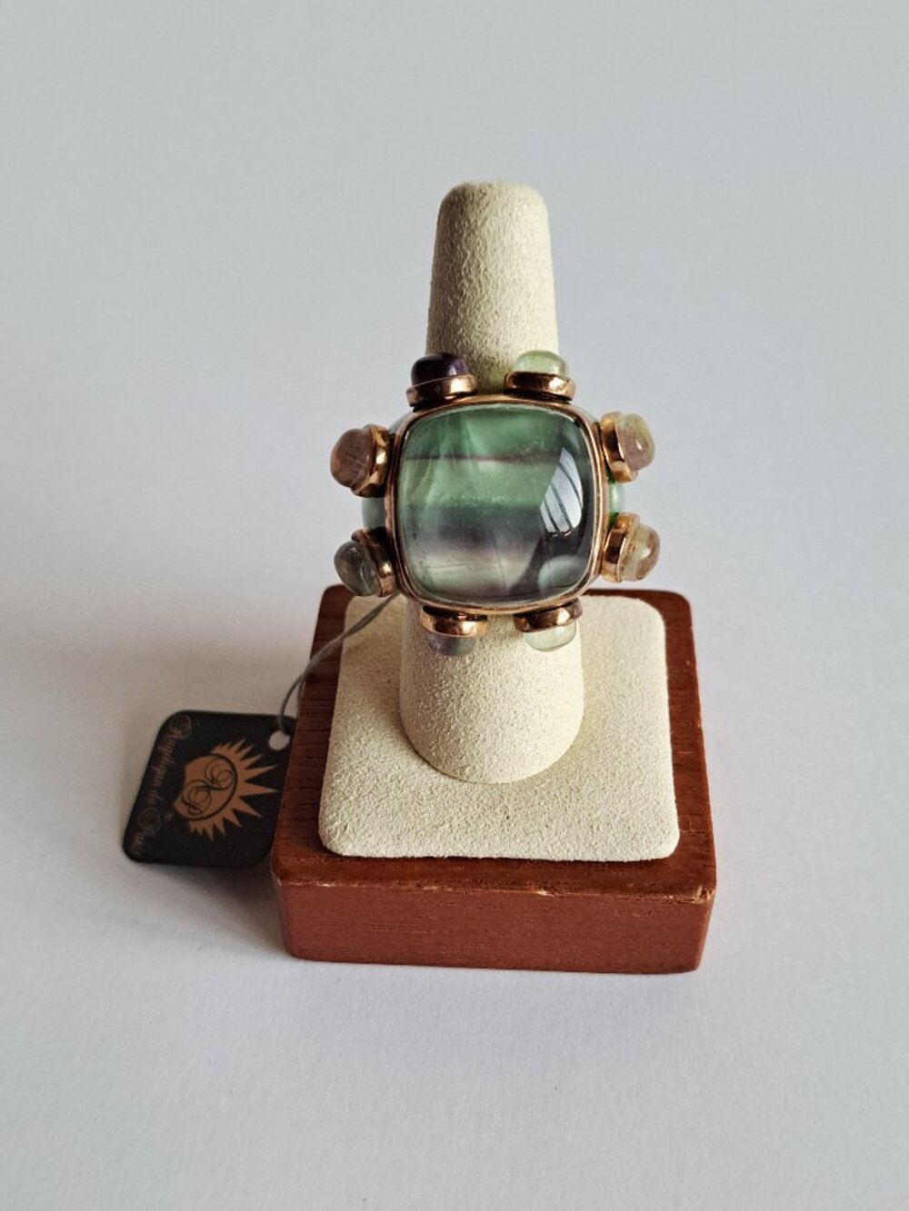 New Angelique de Paris Gold Plated Large Square Green Stones Ring Size 8 - Picture 3 of 17